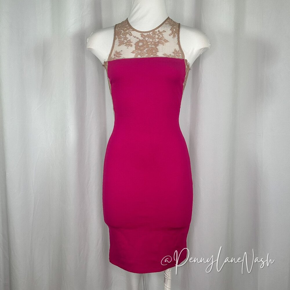 Mason Pink Bodycon Dress With Nude Lace Trim - Picture 2 of 10